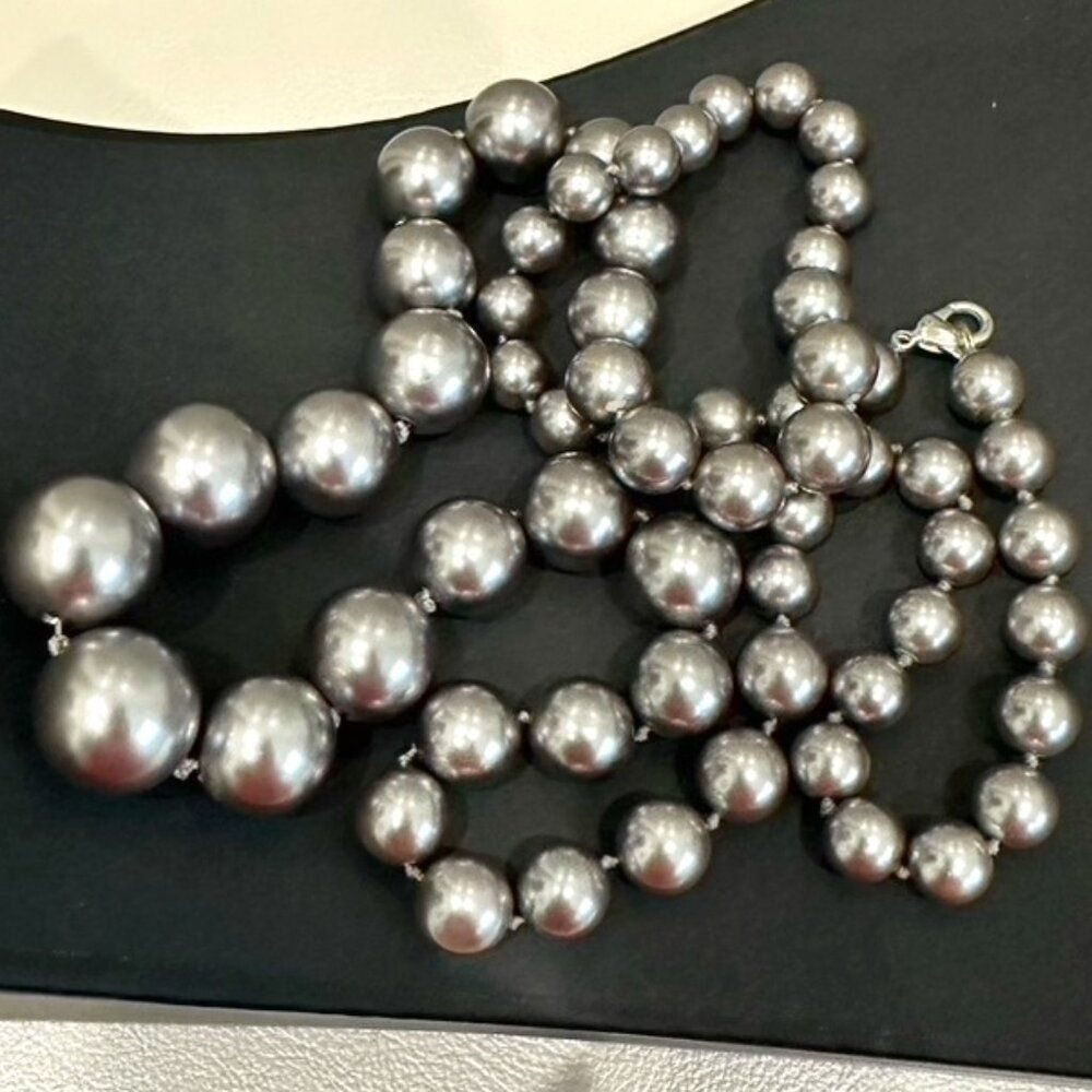 Long Silver Graduated Glass Pearl Hand Knotted Statement Necklace